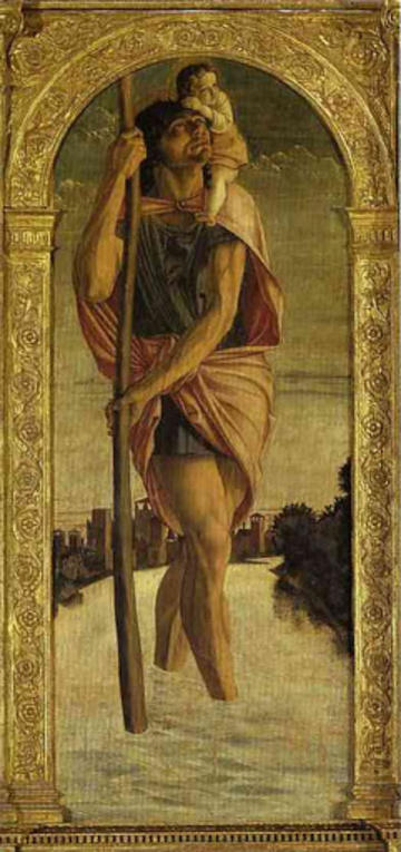 christopher by bellini with gold frame.  christopher looks up to the right, walking oon water.