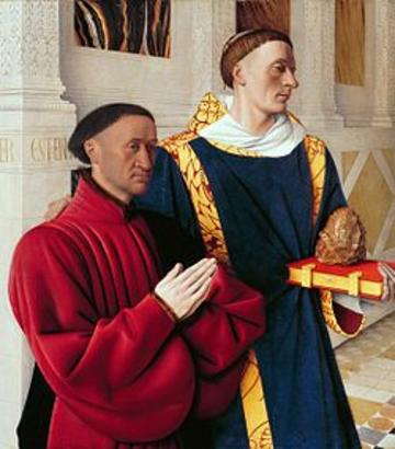 renaissance image of two men, one praying in red, one holding a book and decorative egg wearing blue
