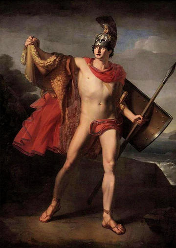 A painting of Jason wearing the golden fleece an a helmet, by Michele Cortazzo