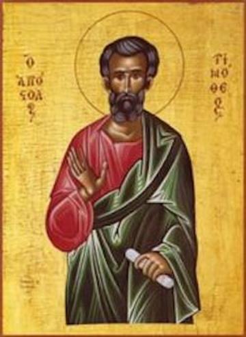 byzantine image of St Timothy with gold background, left hand rasied , right hand holding scroll, wearing red clothes with green robe