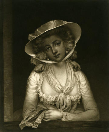 black and white sketch of woman dressed in 18th century clothing including hat and neck scarf