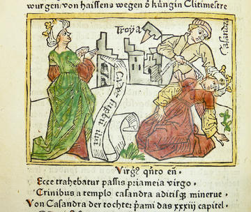 Woodcut illustration of Cassandra's prophecy of the fall of Troy on the left and her death on the right 